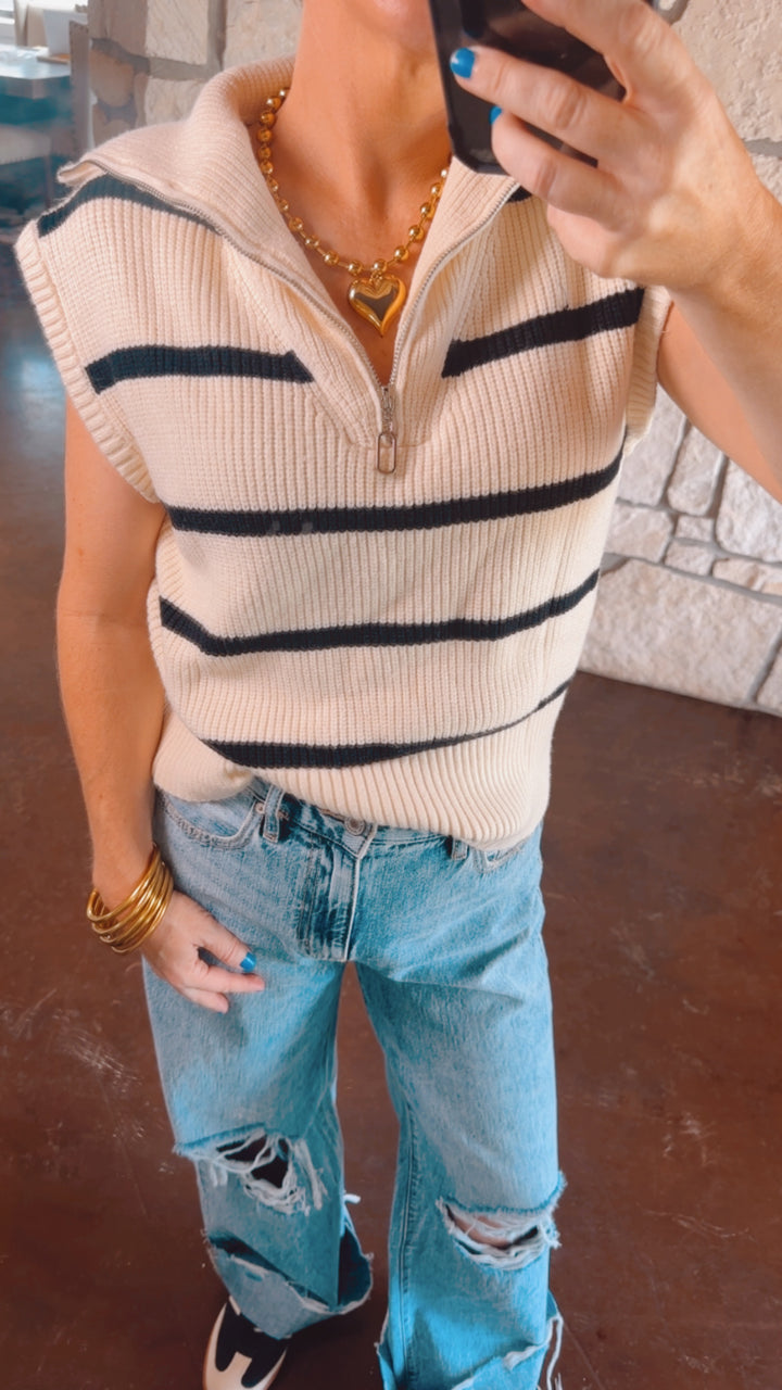 Stripe Zipped Collar Cap Sleeve Knit Top