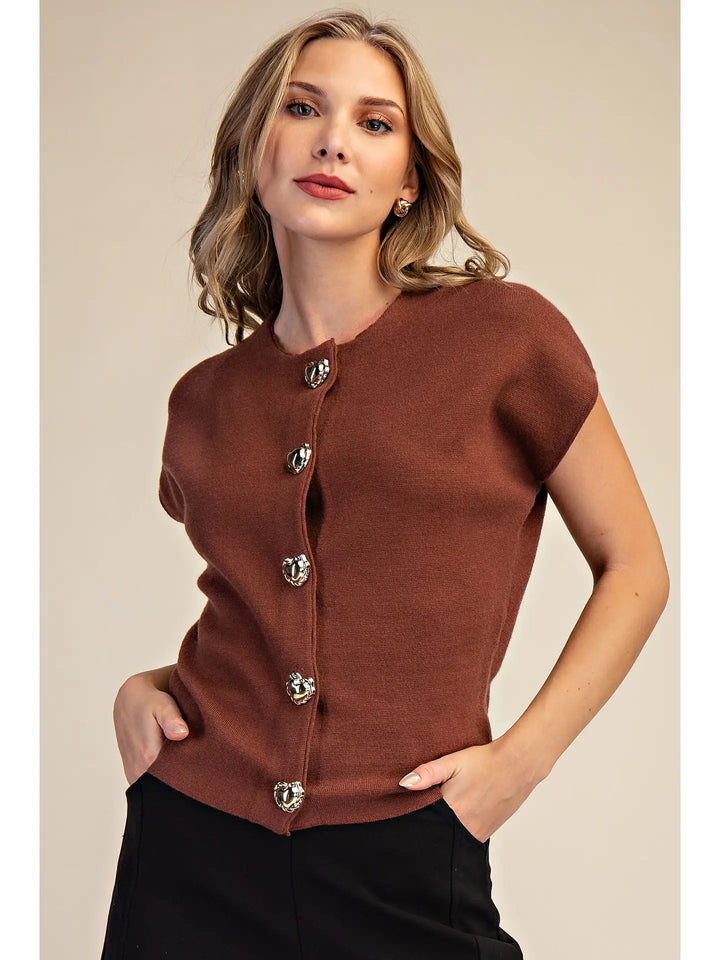 Dropped Shoulder Heart Button Detail Sweater