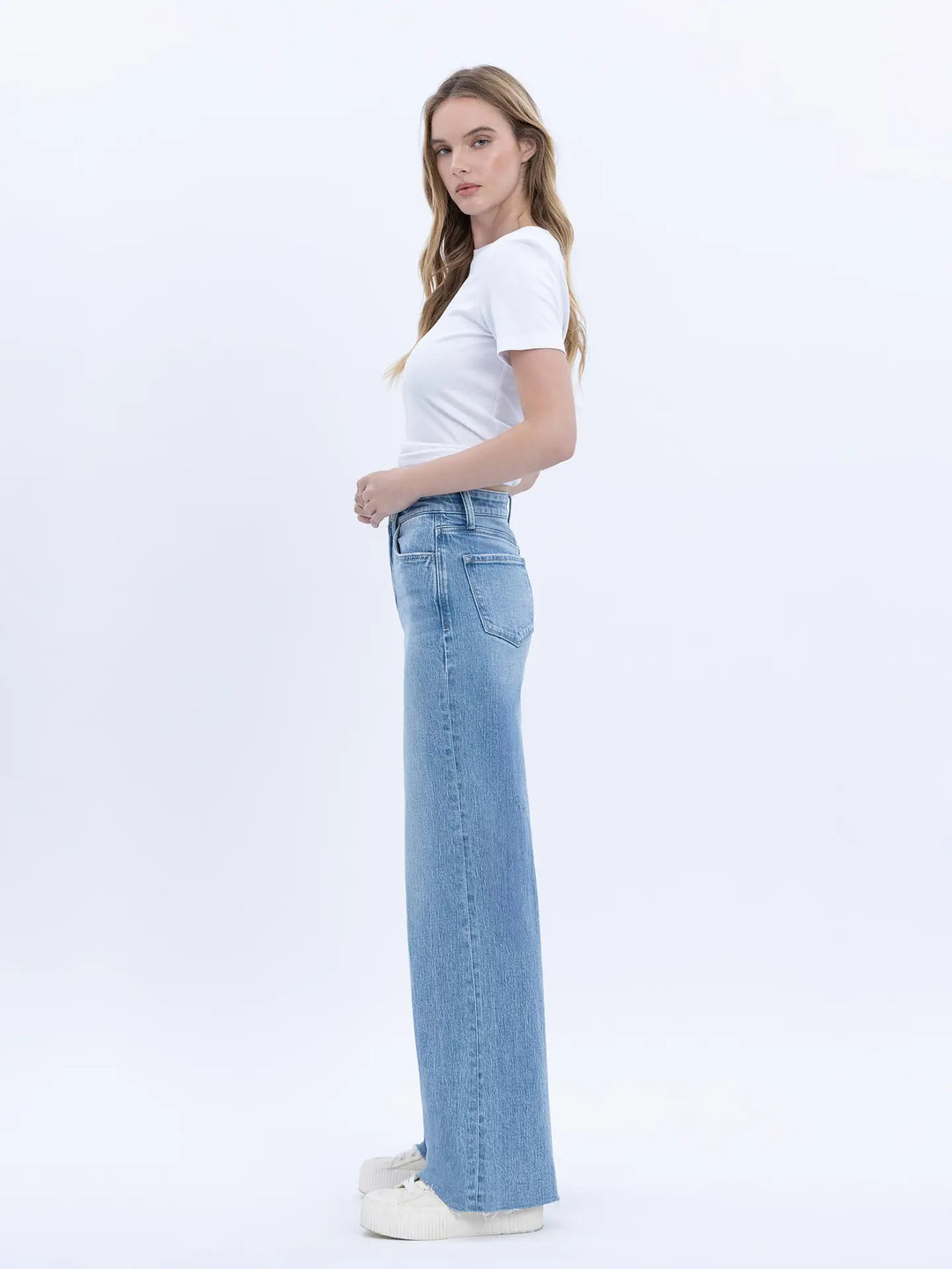 High Rise Clean Cut Raw Hem Wide Jeans