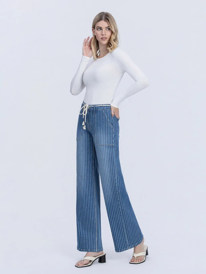 High Rise Elastic Drawcord Stripe Wide Jeans