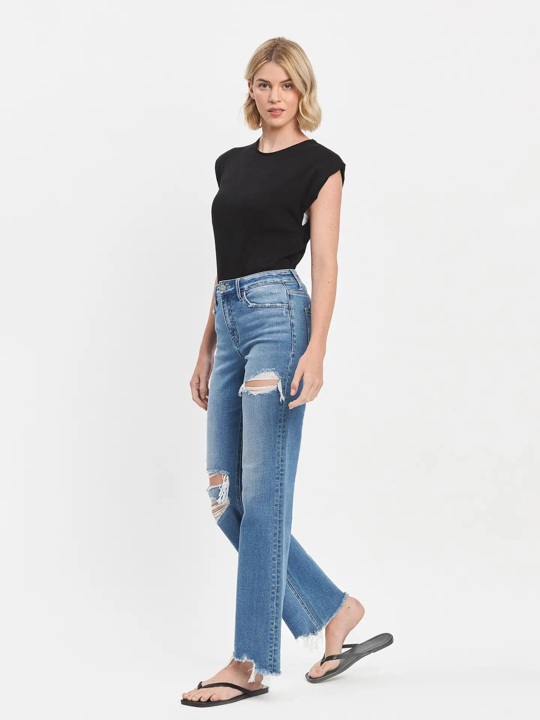 High Rise Medium Wash Distressed Slim Wide Jeans