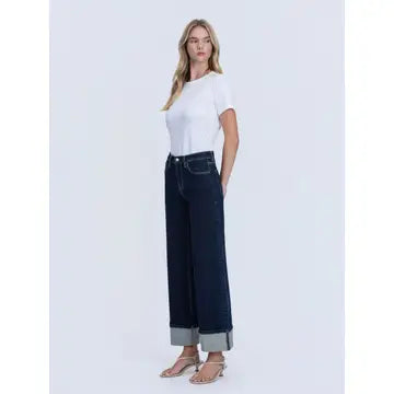 Dark Wash Trouser Fold Cuffed Wide Leg Jeans