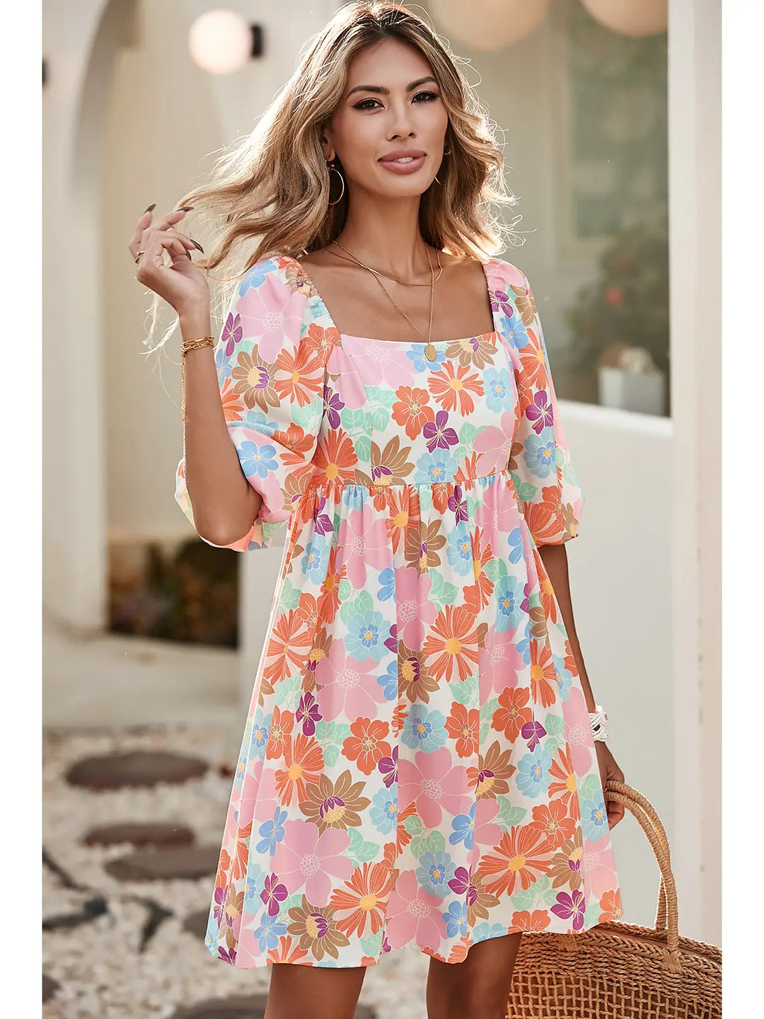 Pink Summer Floral Square Neck Puff Sleeve Babydoll Dress