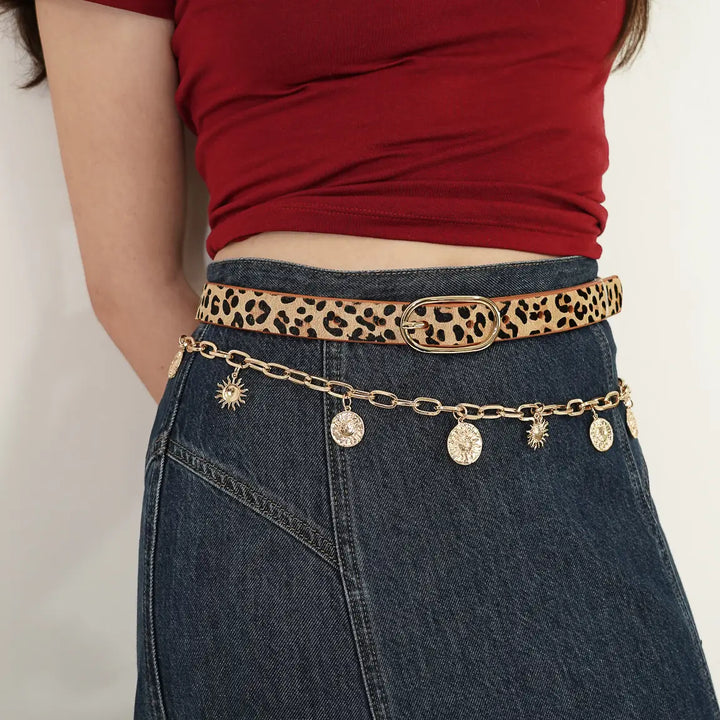 Leopard Print Calf Hair Genuine Leather Belt