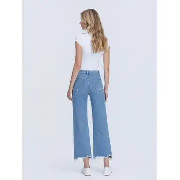 High Rise Distressed Hem Crop Slim Wide Jeans