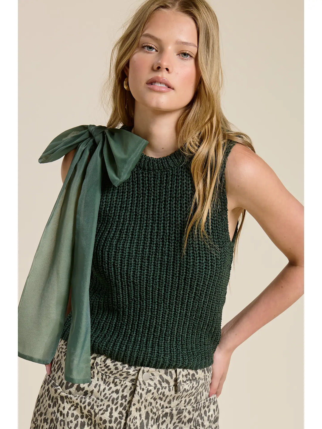 Sleeveless Knit Tank with Oversized Bow Detail