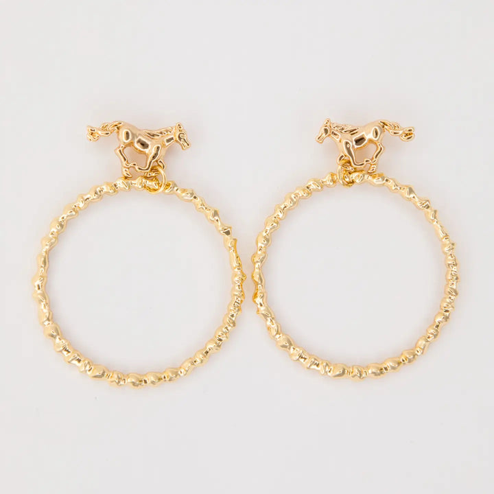 2.5" 18K Gold Plated Dangle Hoop Earrings On Buckin Horse