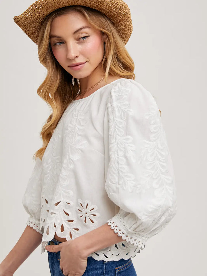 Lace Cutout Bubble Sleeved Top