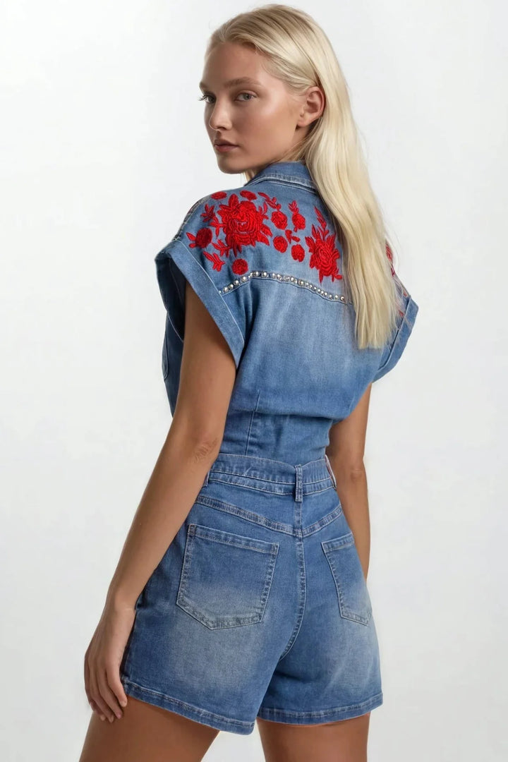 Embroidered Rose Denim Romper