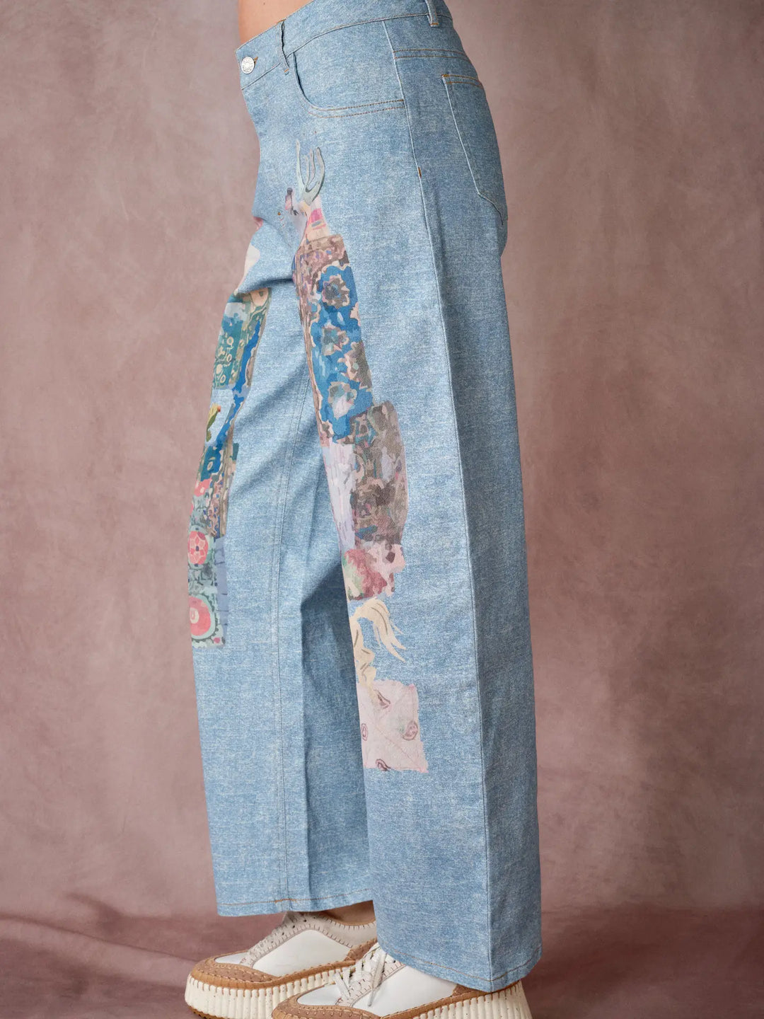 Vintage Art Collage Print Denim Pants