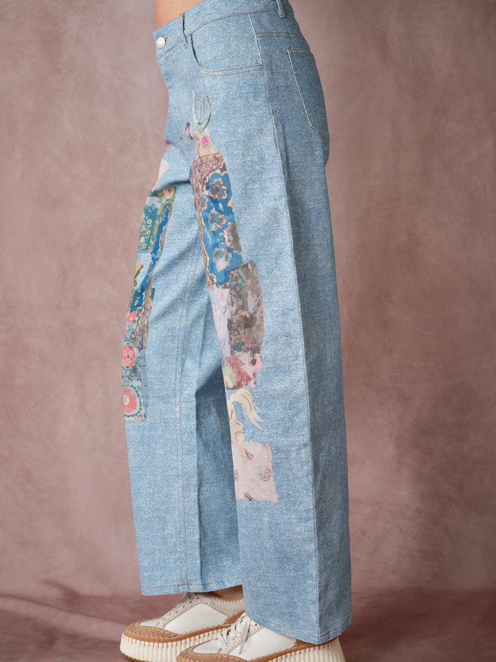 Vintage Art Collage Print Denim Pants