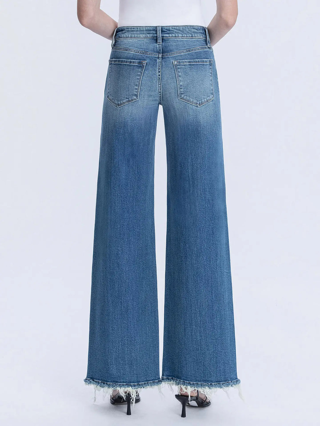 MID RISE MEDIUM DARK TWIST LEG WIDE JEANS