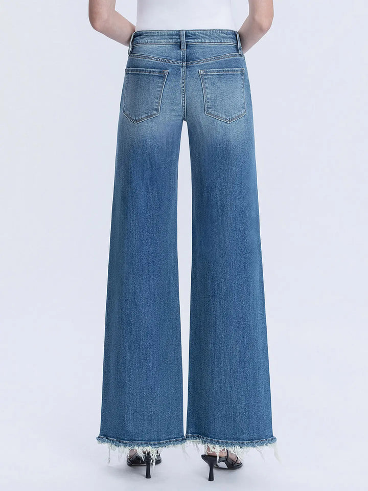 MID RISE MEDIUM DARK TWIST LEG WIDE JEANS