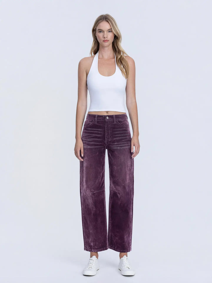 High Rise Velvet Flocked Purple Barrel Leg Jeans