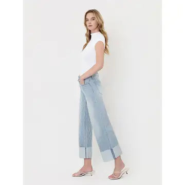 High Rise Cuffed Striped Crop Wide Jeans
