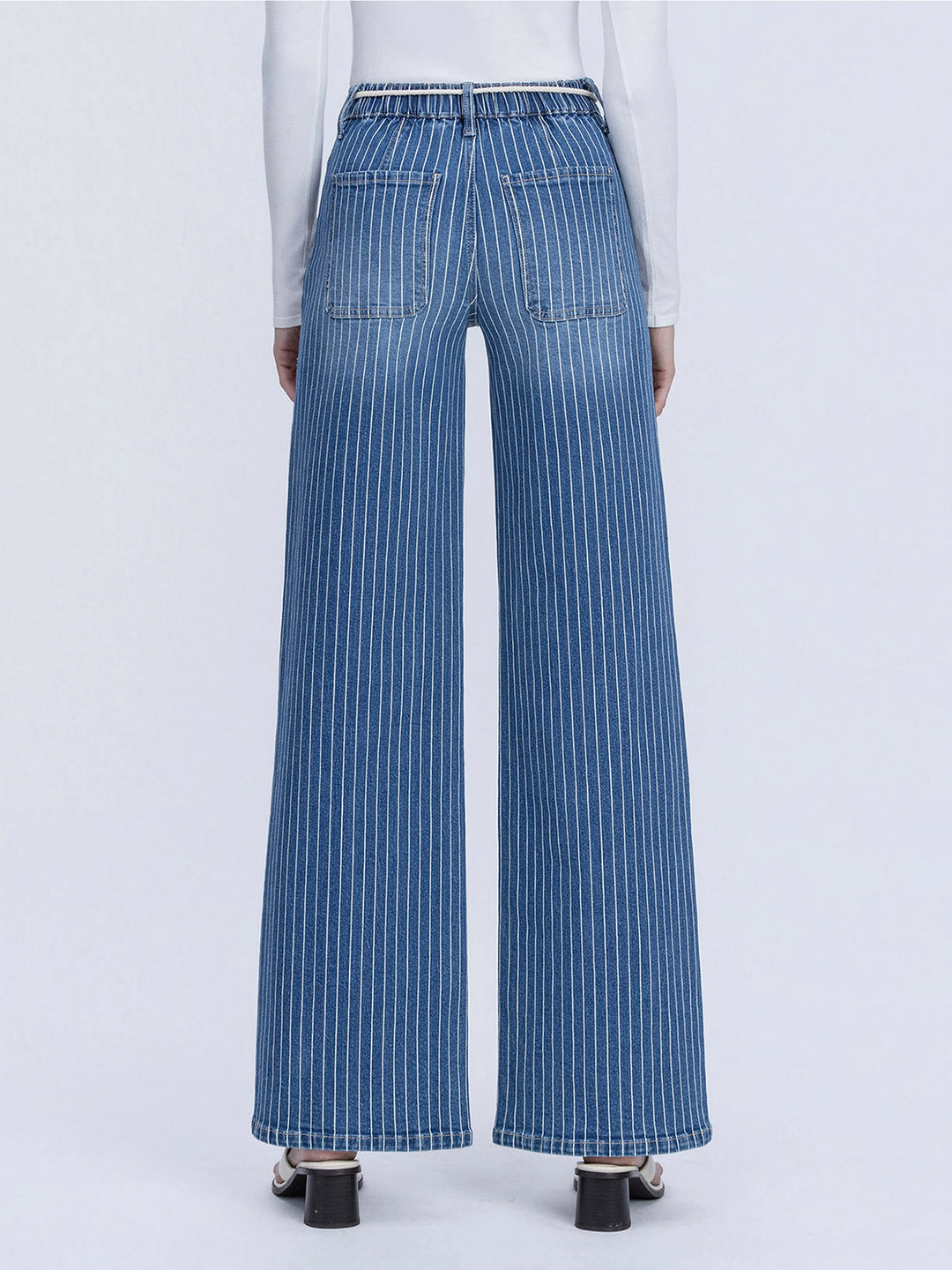 High Rise Elastic Drawcord Stripe Wide Jeans