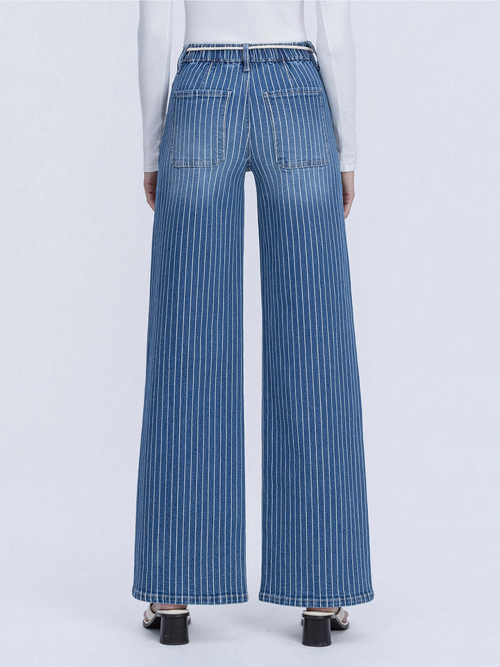 High Rise Elastic Drawcord Stripe Wide Jeans