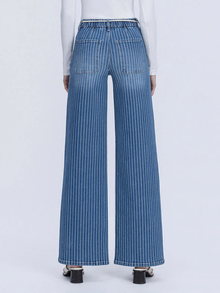 High Rise Elastic Drawcord Stripe Wide Jeans