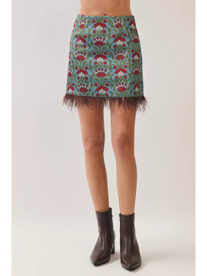 Floral Print Feather Trim Mini Skirt