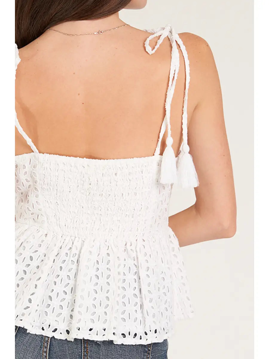 Shoulder Tie Eyelet Peplum Top