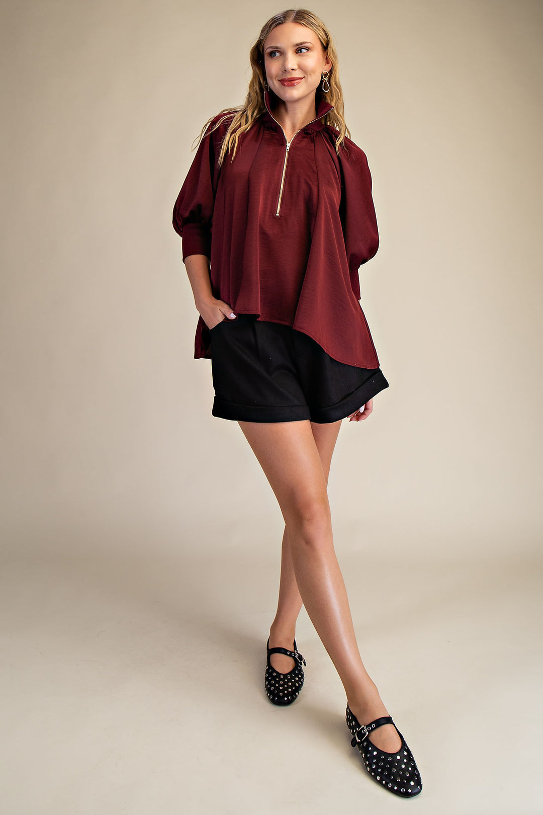 Mock Neck Band Puff Sleeve Blouse
