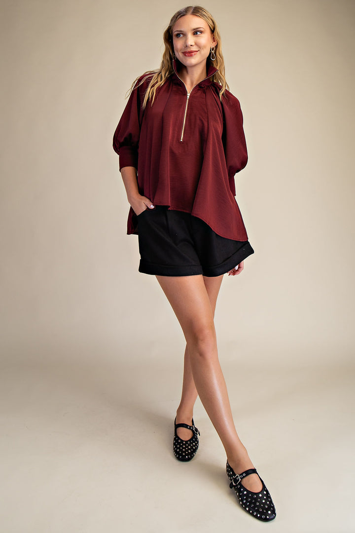 Mock Neck Band Puff Sleeve Blouse