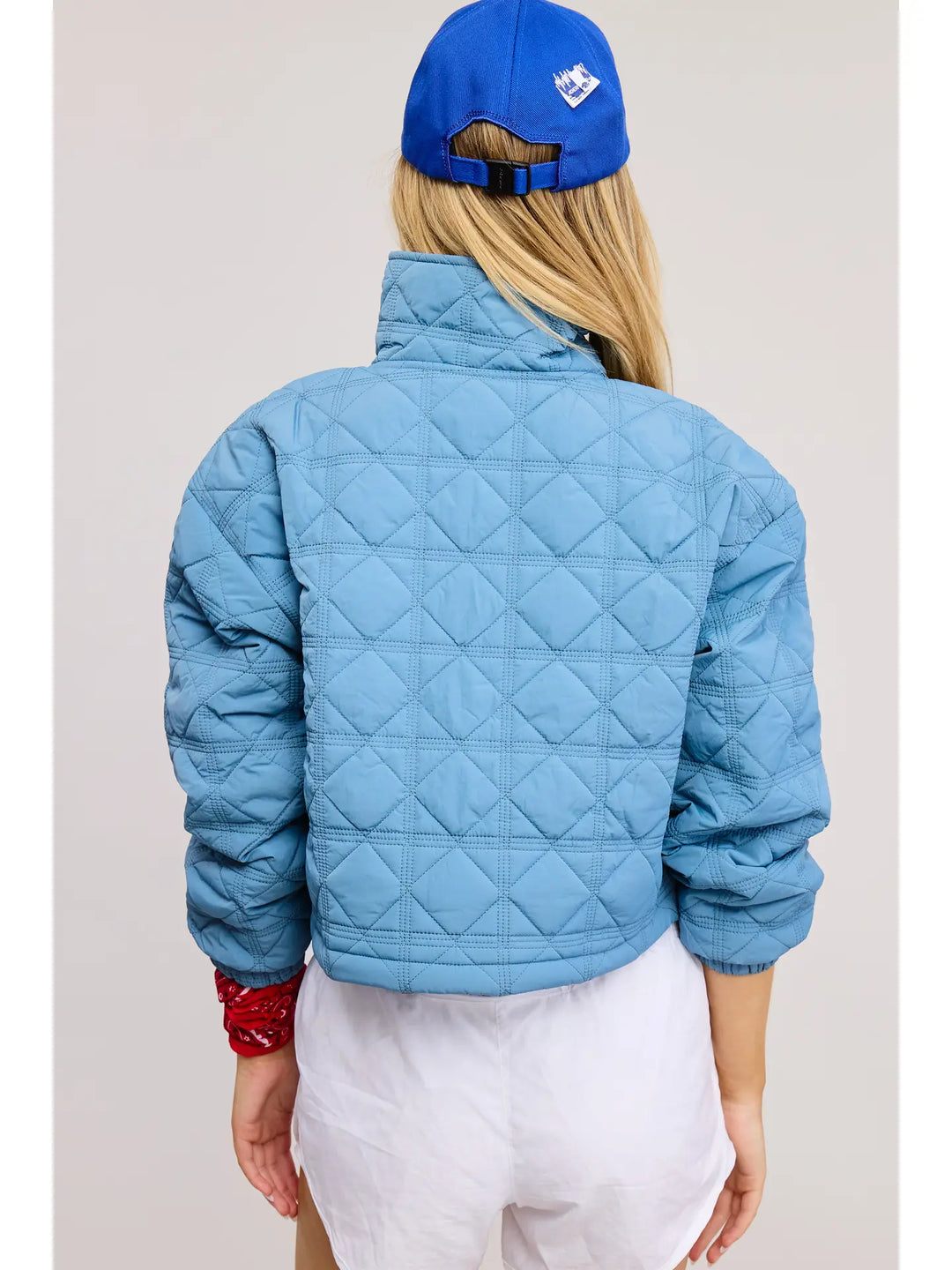 Quilted Puffer Sweater with Collared Zipper-Blue