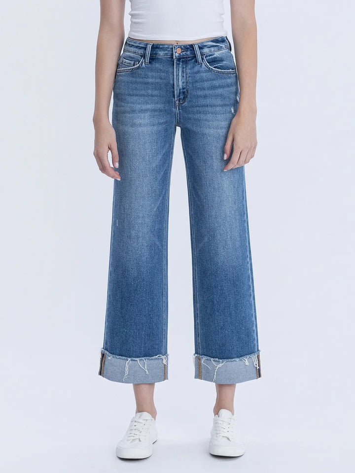 High Rise Raw Cuffed Hem Slim Wide Jeans
