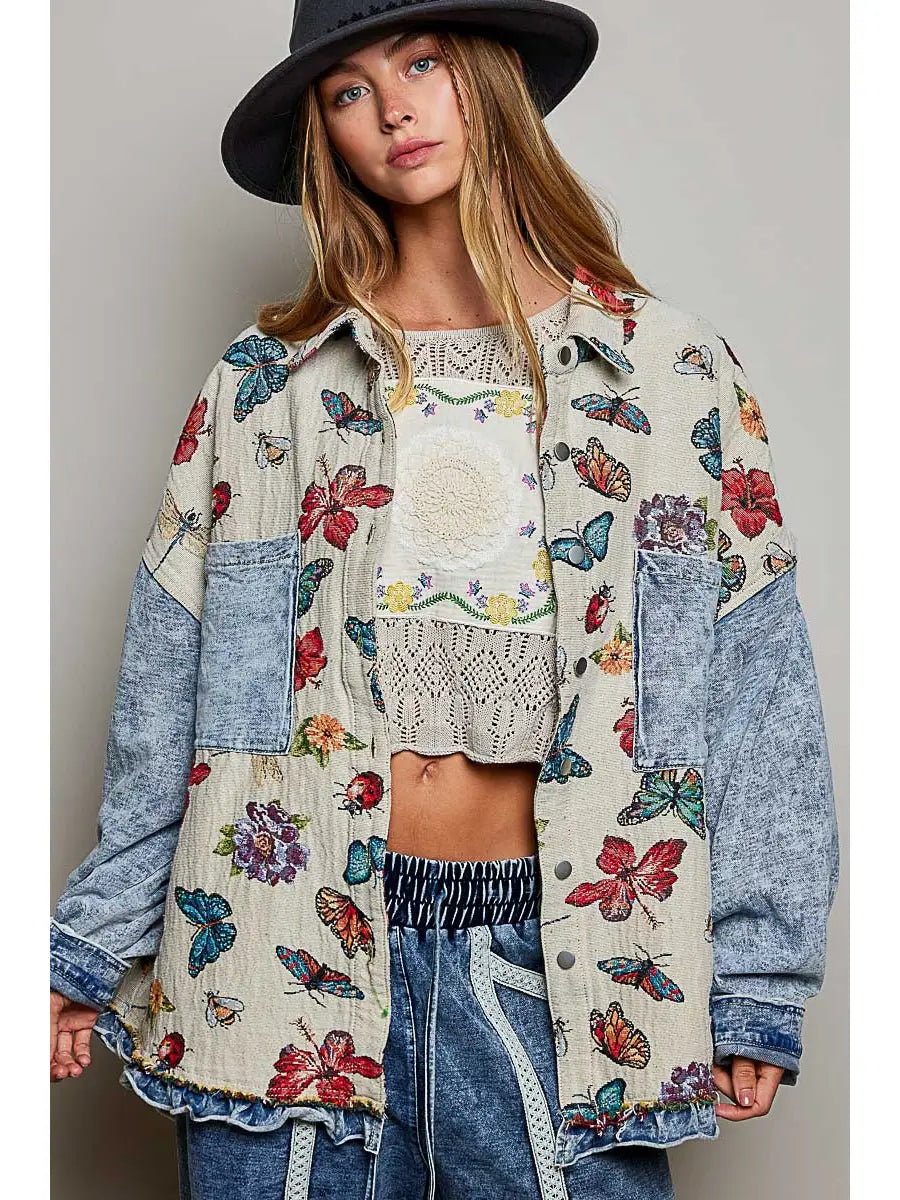 Oversized Butterfly Floral Tapestry Patch Pocket Jacket