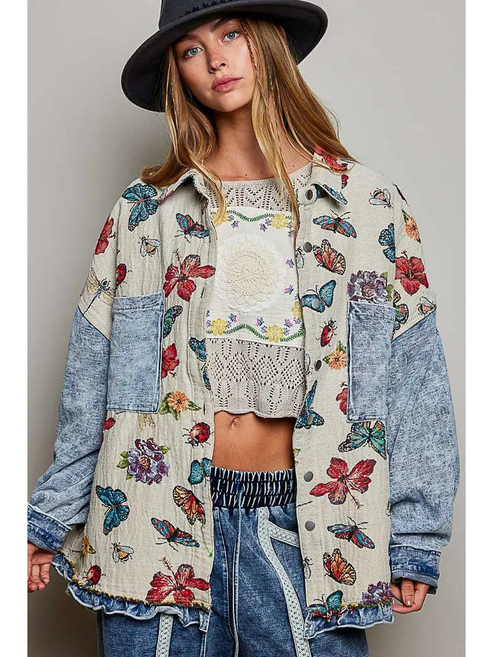Oversized Butterfly Floral Tapestry Patch Pocket Jacket
