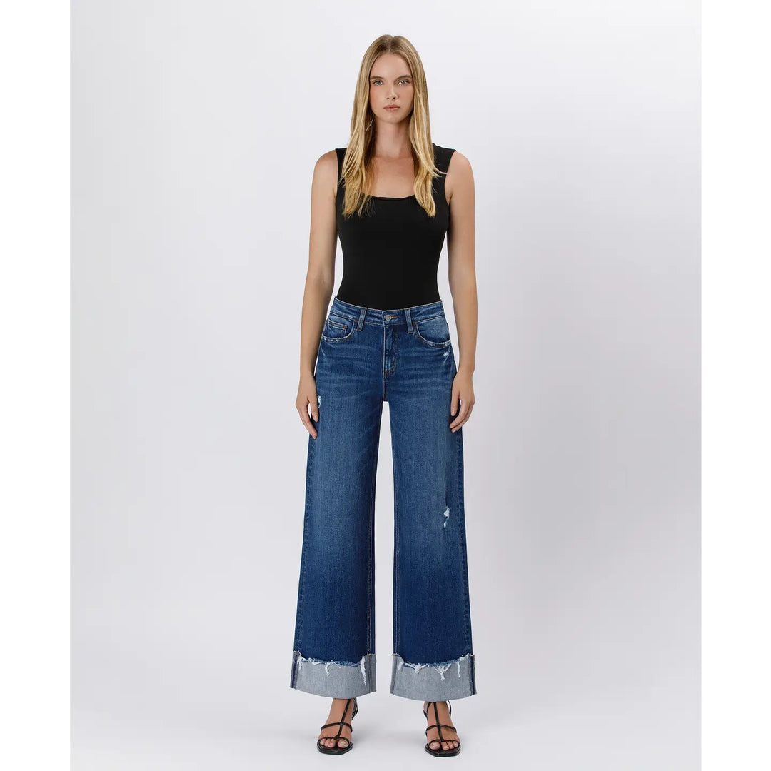 High Rise Cuffed Baggy Wide Jeans