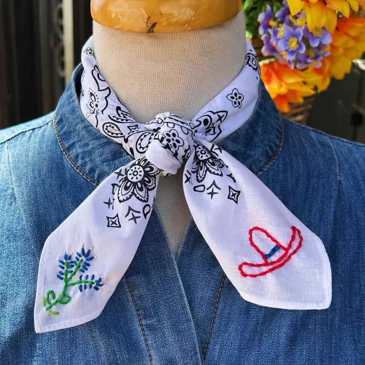 Big Hat & Blue Bonnets Embroidered Bandana