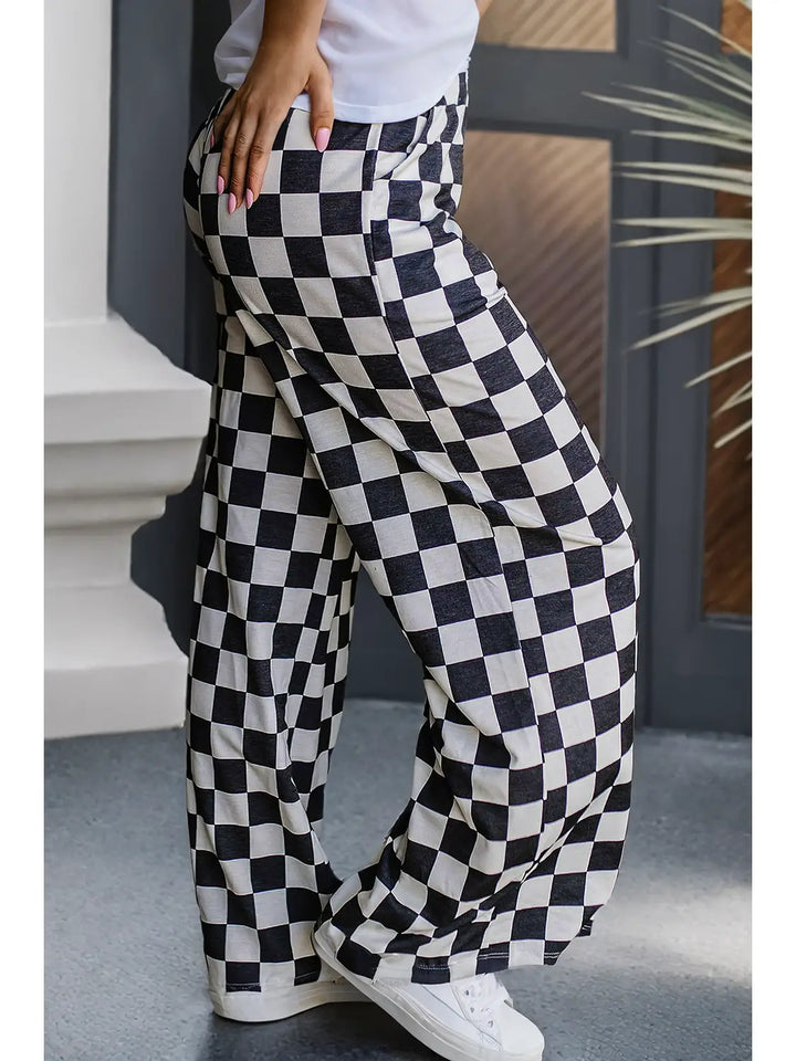 Checked Print High Waist Wide Leg Pants