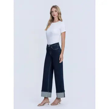 Dark Wash Trouser Fold Cuffed Wide Leg Jeans