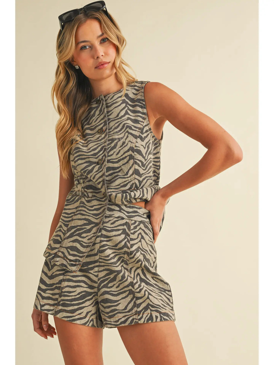 Zebra Print Denim Vest and Shorts Set