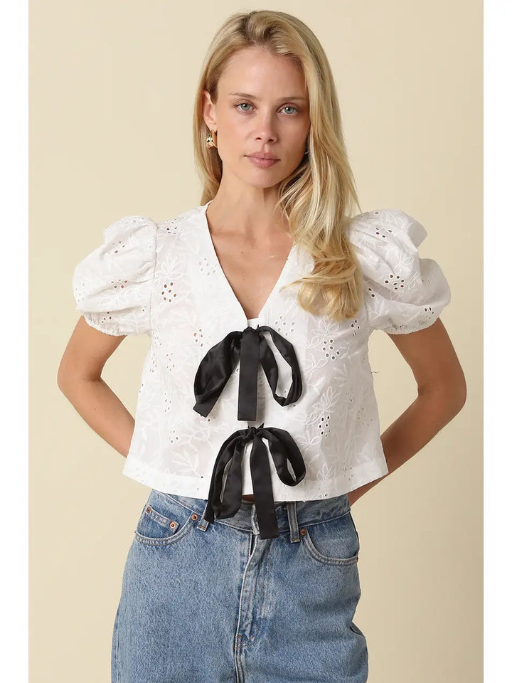 Colette Eyelet Contrast Tie-Front Top