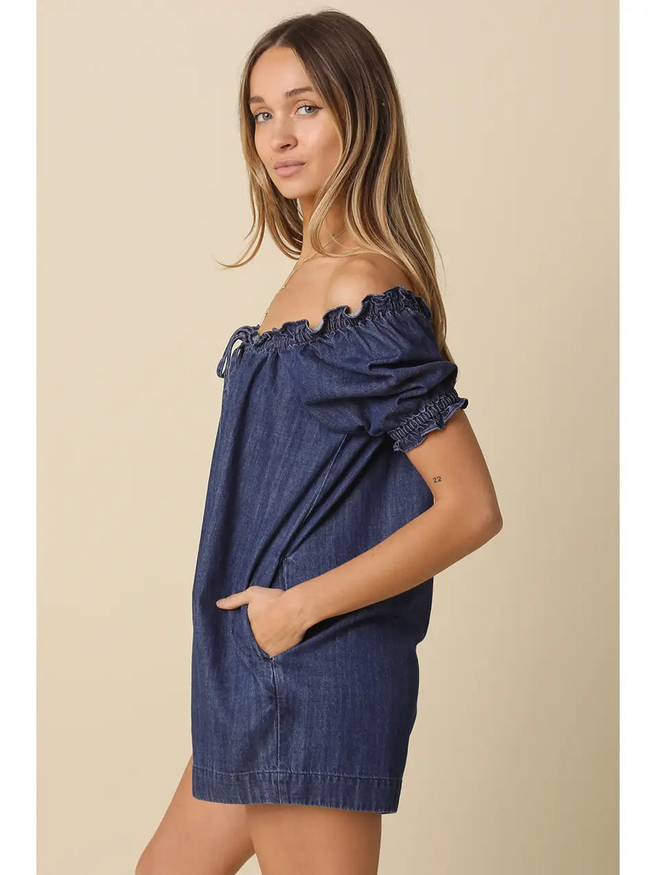 Nadia Denim Puff-Sleeve Romper