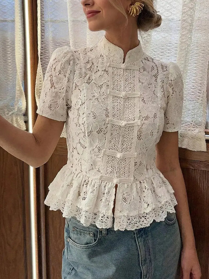 Lace Mandarin Collar Peplum Top