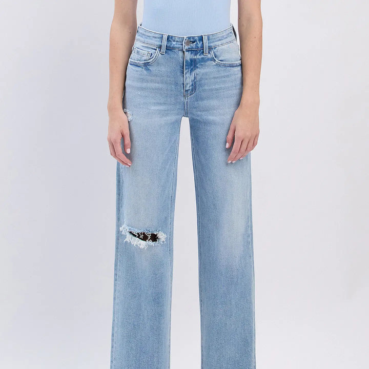 High Rise Distressed Clean Cut Raw Hem Wide Jeans