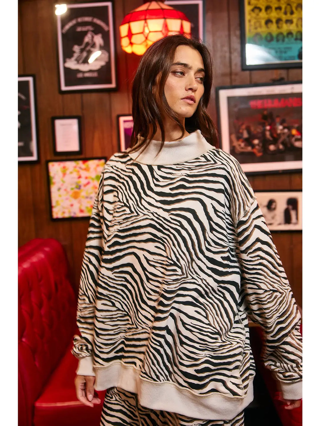 Oversized Zebra Mock-Neck Sweatshirt