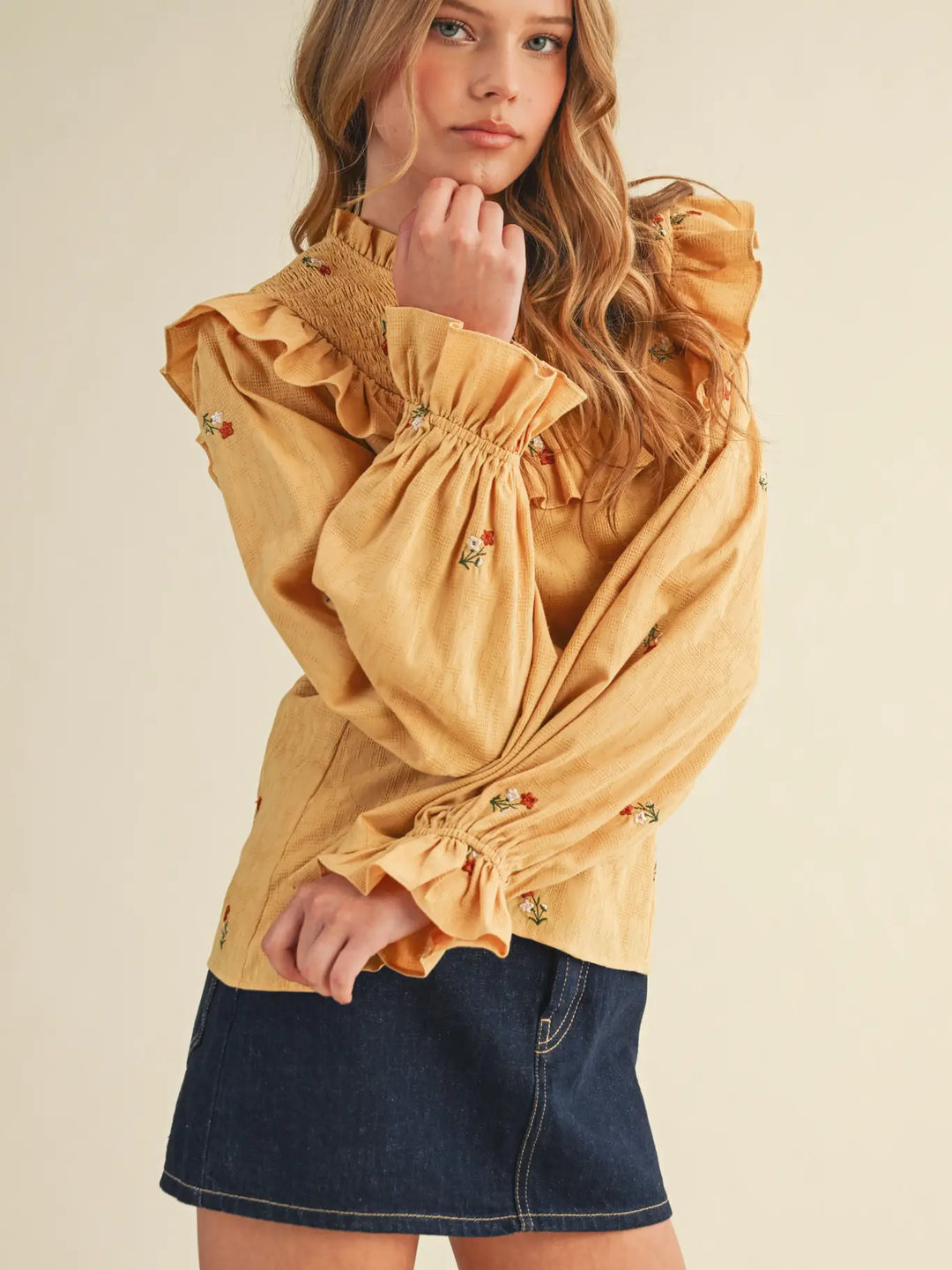Ruffled Smocked Yoke Embroidered Blouse