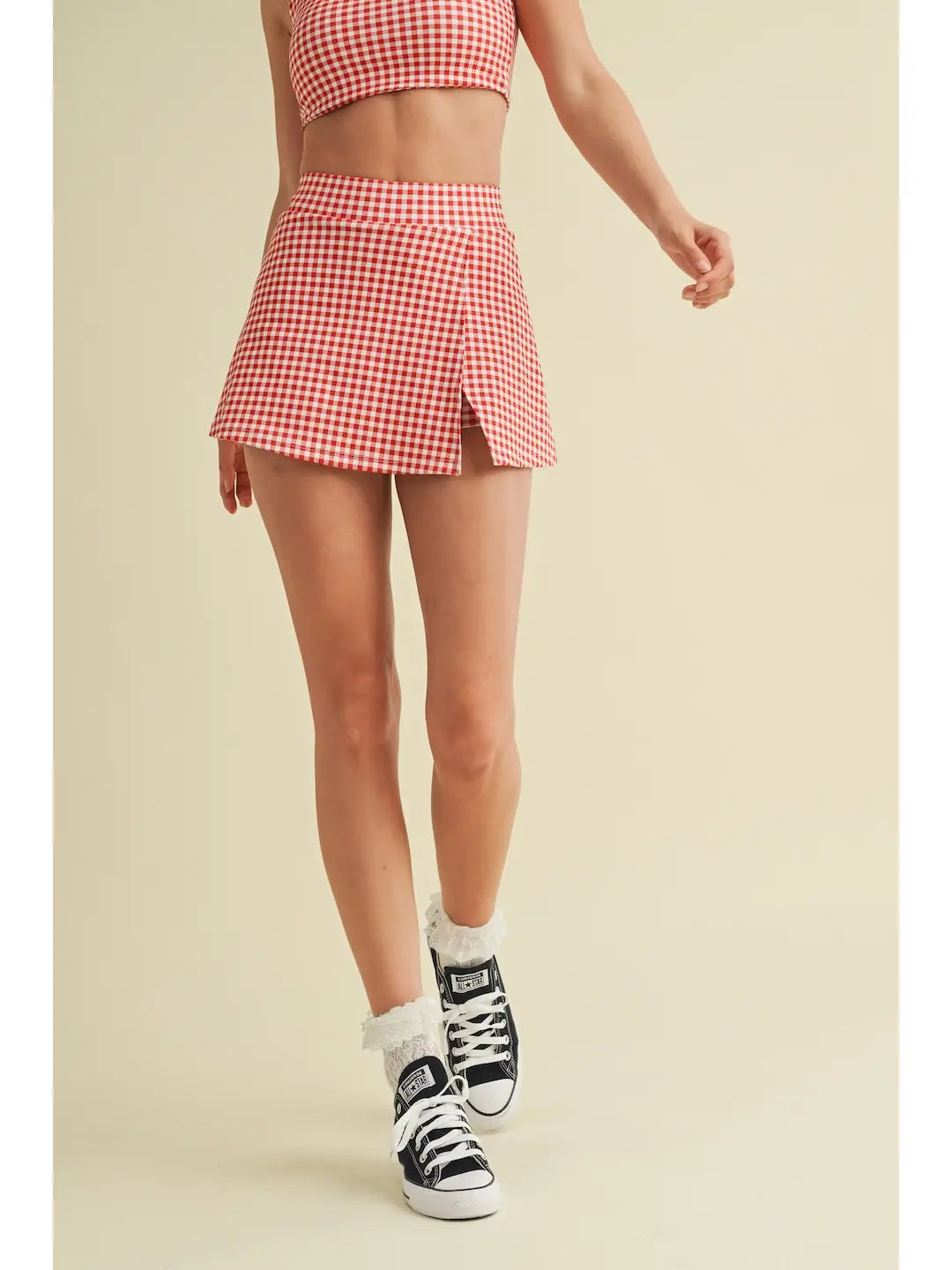 Gingham Print Side Slit A-Line Skort