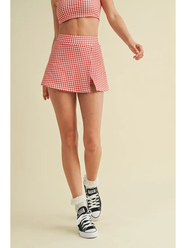 Gingham Print Side Slit A-Line Skort