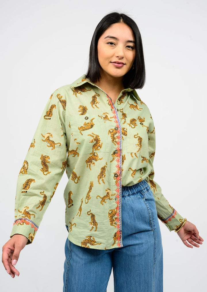 Ivy Jane- Embroidered Tiger Button Down