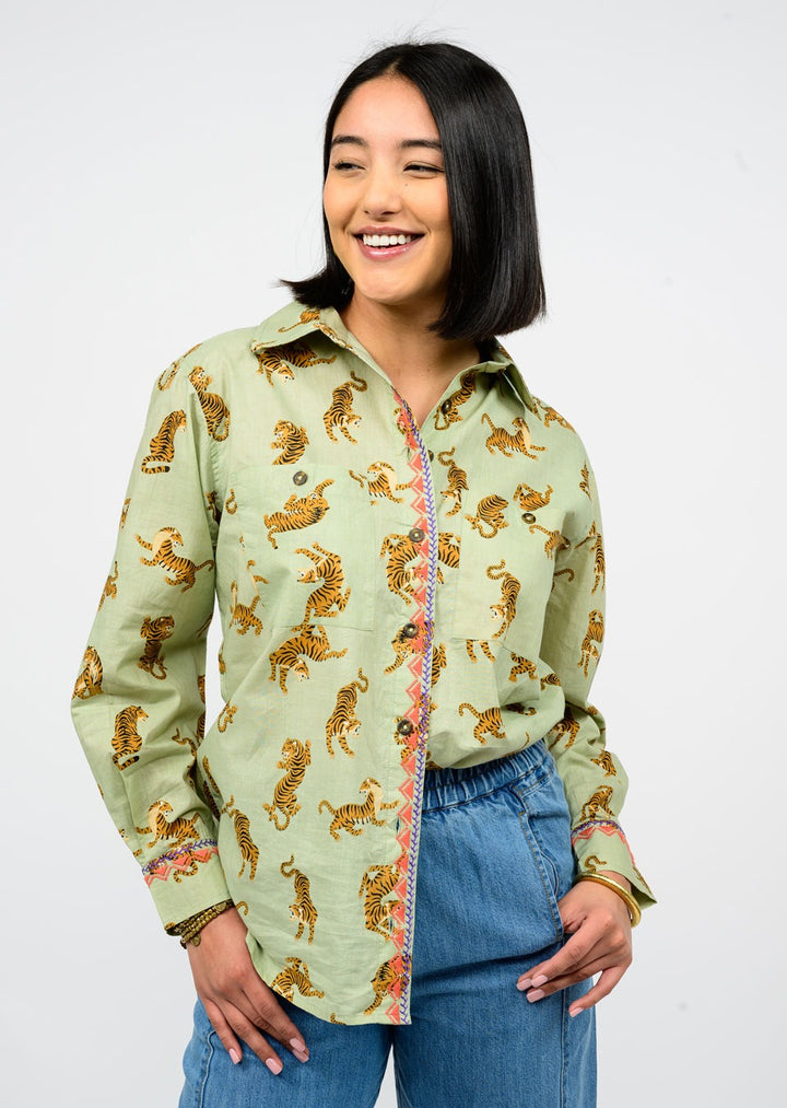 Ivy Jane- Embroidered Tiger Button Down