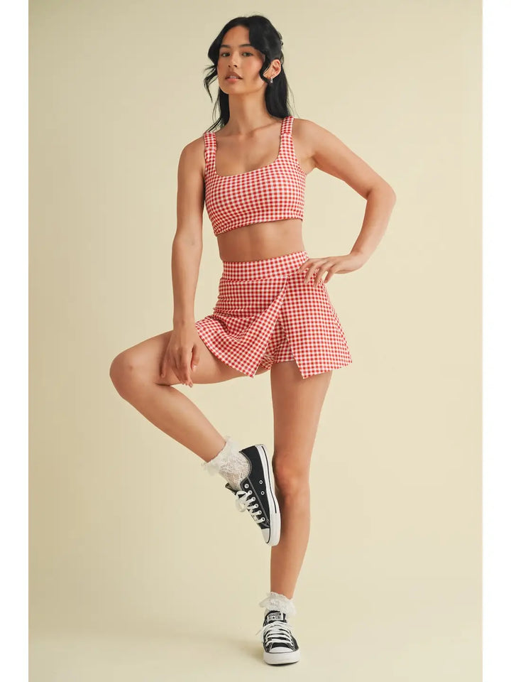 Gingham Print Side Slit A-Line Skort