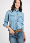 DENIM RUFFLED SNAP SHIRT by Ivy Jane