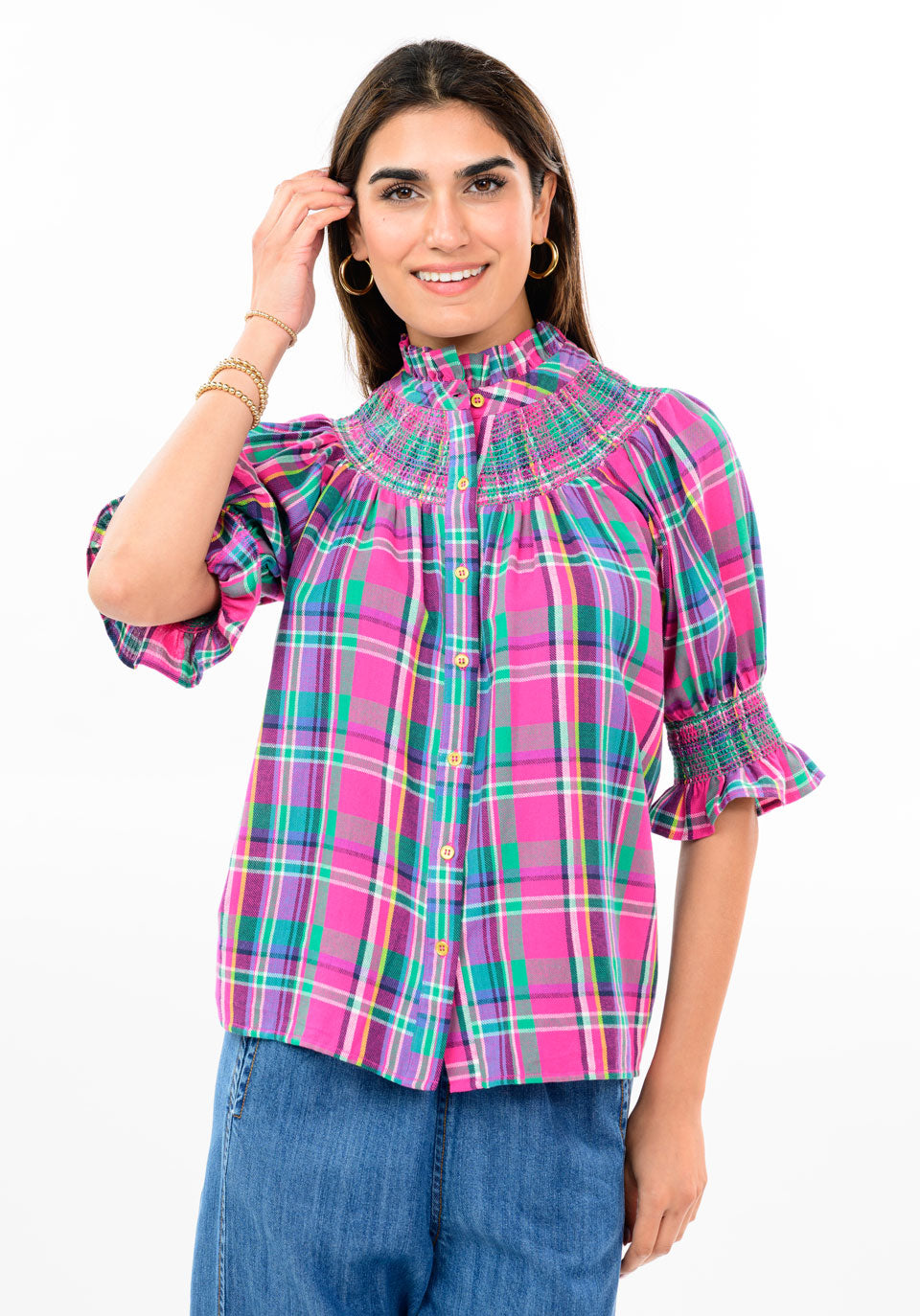 Plaid Smocked Yoke Blouse by Ivy Jane