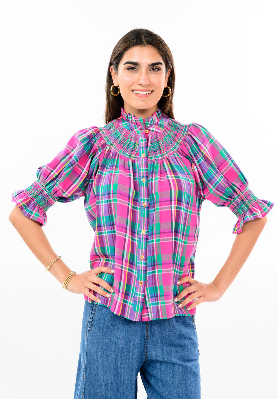 Plaid Smocked Yoke Blouse by Ivy Jane