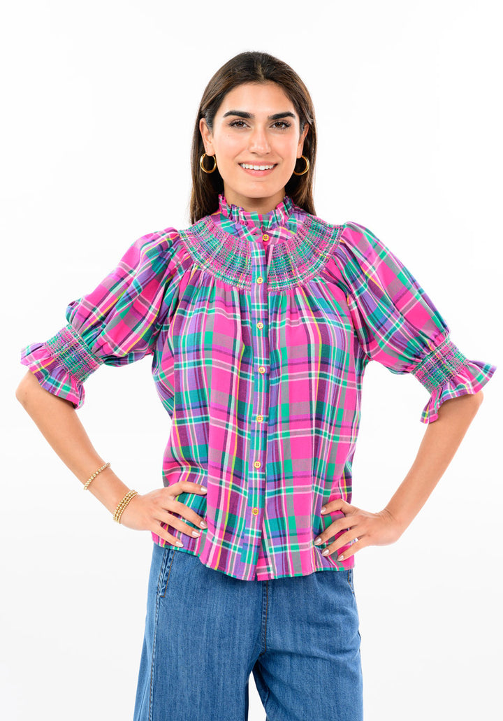Plaid Smocked Yoke Blouse by Ivy Jane